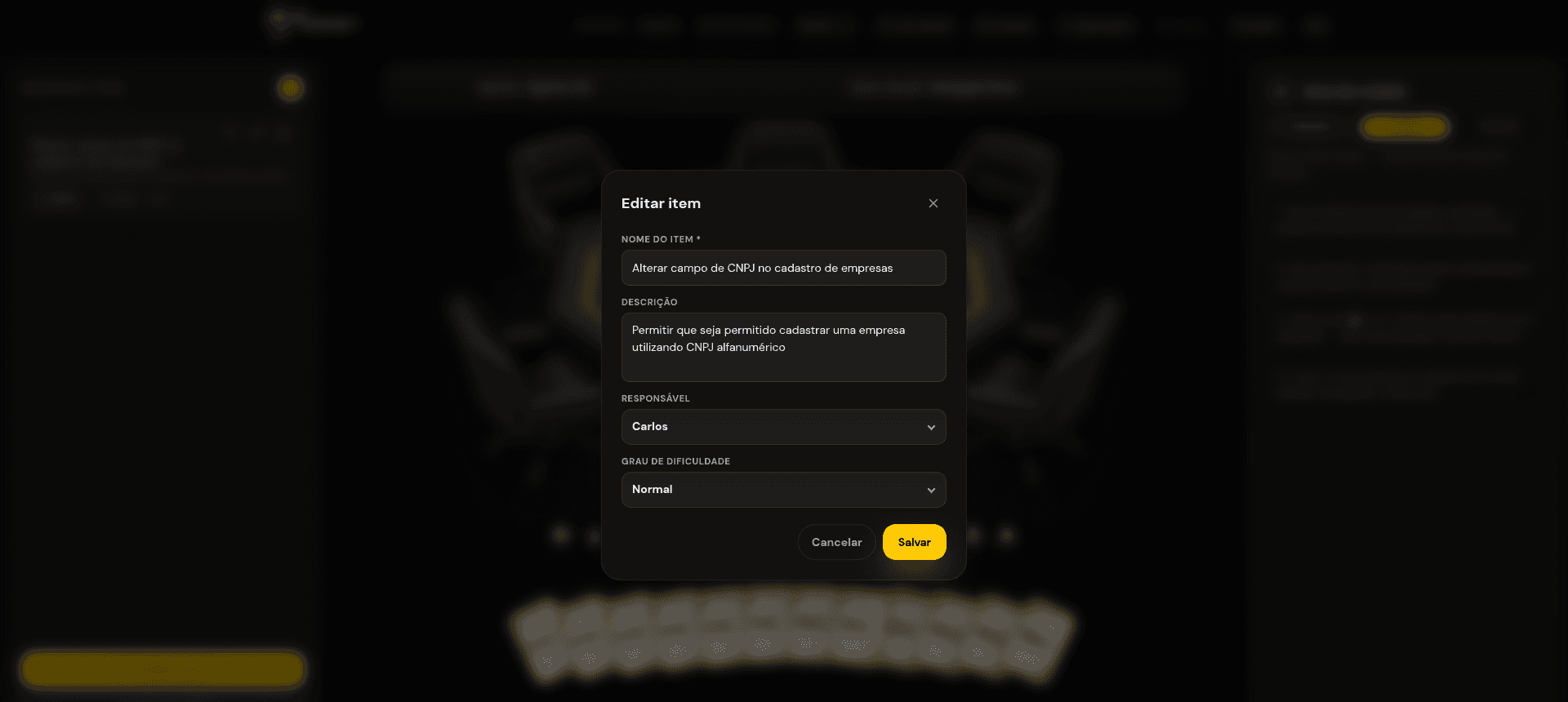 Modal real do Hornet com o item, descrição, responsável e grau de dificuldade da história